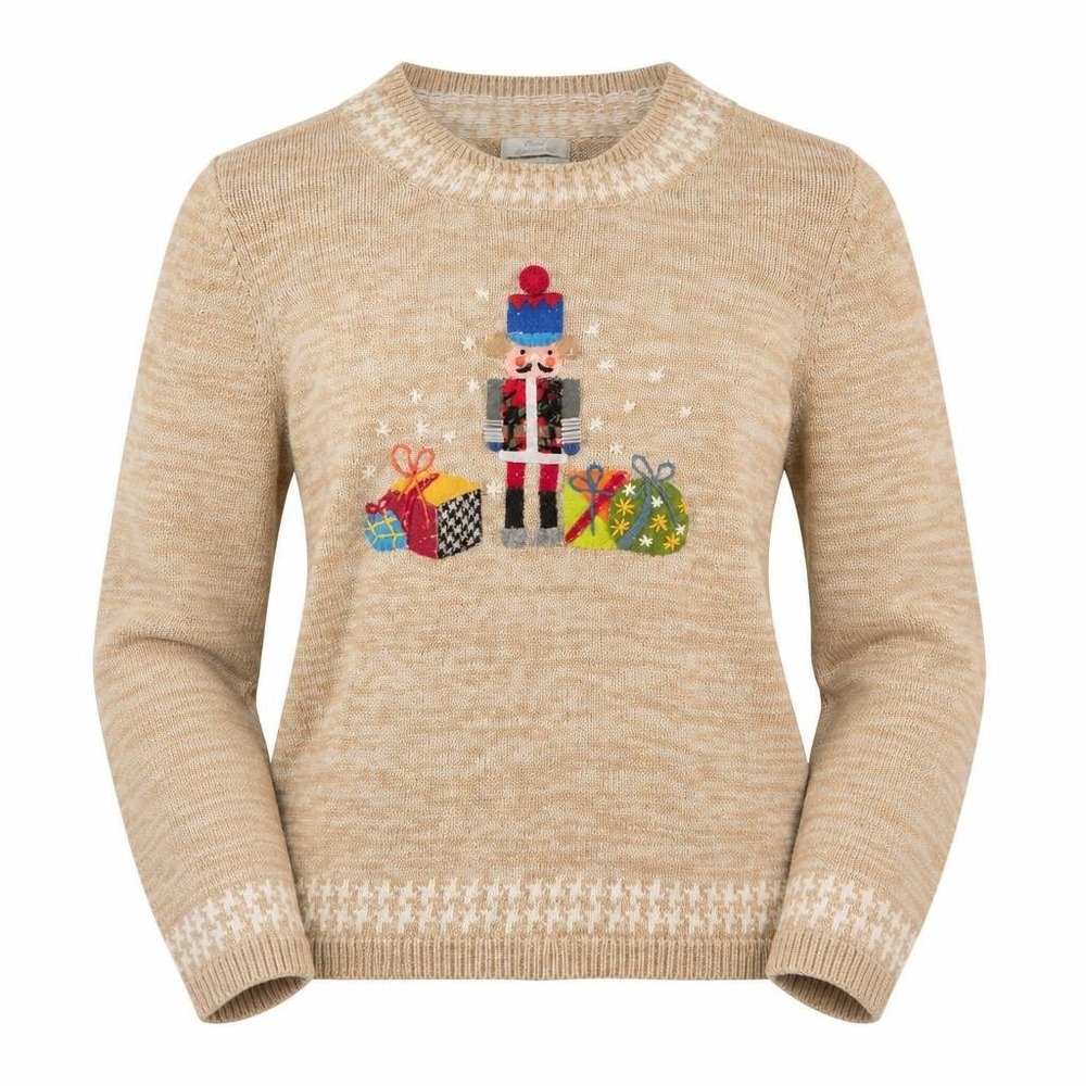 Christopher Banks Christmas Sweater Womens L Nutcracker Cotton Embroidered Beige